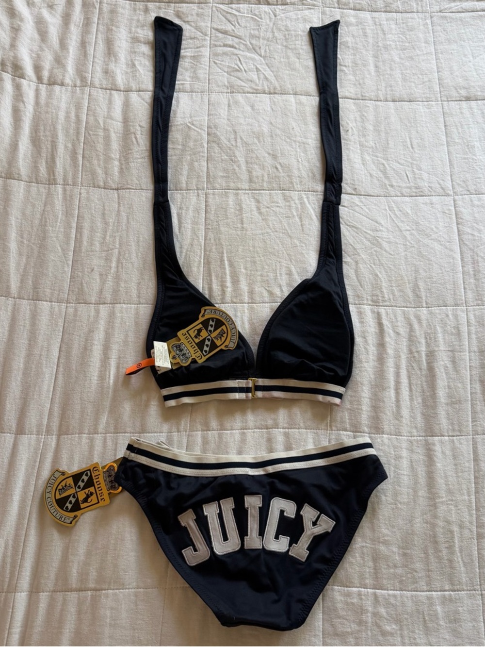 Juicy Couture Black Bikini Set with White Stripe & Embroidered JUICY